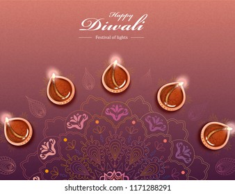 Top view of Diwali festival design with diya and rangoli, creative colourful floor designs made of rice floor