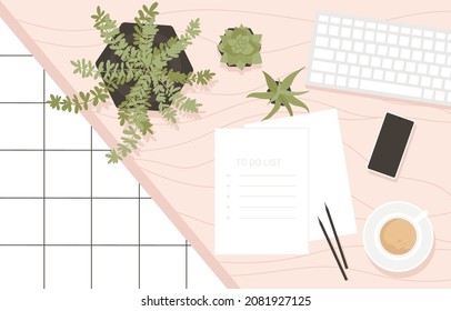 Top view of To Do list, tasks on modern workplace with notebook, smartphone, coffee cup, keyboard and plants on pink table. Planning and and Time management concept. Vector illustration