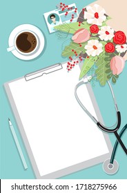 Top View Doctor Or Nurse Workplace Desk. Stethoscope, Badge, Clipboard, Pencil, Flower Bouquet, Cup Of Coffee. Blank Paper, Space For Text. Flowers As Appreciation, Greeting, Thank You Sign.  Vector.