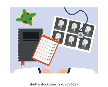 Vista superior de la mesa del médico con radiografía del paciente, estetoscopio y datos de chequeo. Diseño de personajes. Ilustración plana de Vector