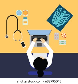 top view of doctor's table in doctor's room full of medical stuff. vector illustration