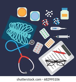 top view of doctor's table in doctor's room full of medical stuff. vector illustration