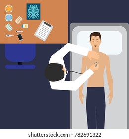 top view of doctor's table in doctor's room full of medical stuff. vector illustration