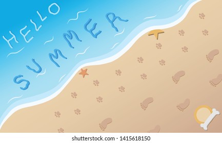 Top view. dog and person footprint on beach with bone and flying disc. Vector illustration.
