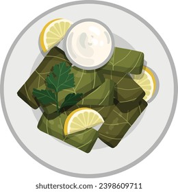 Top View Dolma,Stuffed Grape Leaves. Middle Eastern Food Illustrator Vector. svg