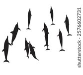 Top View Dolphin Silhouette Vector, Vector illustration set of dolphins.