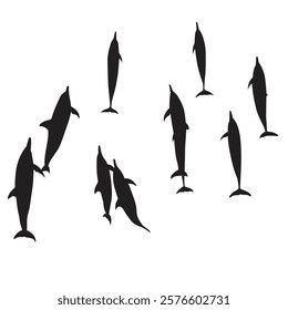 Top View Dolphin Silhouette Vector, Vector illustration set of dolphins.