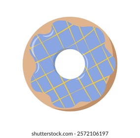 Top view at donut. Donut in blue checkered chocolate glaze. Dessert and delicacy. Homemade pastry and bakery. Unhealthy eating. Sweet food. Template and layout. Flat vector illustration