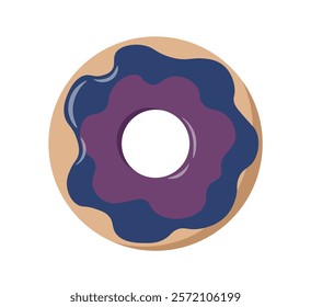 Top view at donut. Donut in blue chocolate glaze. Dessert and delicacy. Homemade pastry and bakery. Unhealthy eating. Sweet food. Confectionery and bakery. Flat vector illustration