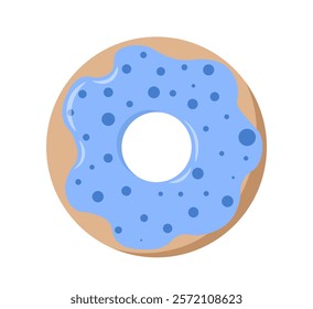 Top view at donut. Donut in blue glaze. Dessert and delicacy. Homemade pastry and bakery. Unhealthy but tasty eating. Graphic element for website. Flat vector illustration