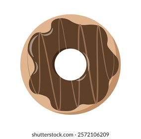 Top view at donut. Donut in chocolate glaze. Dessert and delicacy. Homemade pastry and bakery. Unhealthy eating. Sweet food. Poster or banner. Flat vector illustration