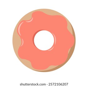 Top view at donut. Donut in chocolate orange glaze. Dessert and delicacy. Homemade pastry and bakery. Unhealthy eating. Sweet food. Logotype or emblem. Flat vector illustration