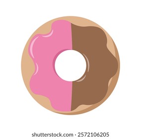 Top view at donut. Donut in chocolate and pink glaze. Dessert and delicacy. Homemade pastry and bakery. Unhealthy eating. Sweet food. Social media sticker. Flat vector illustration