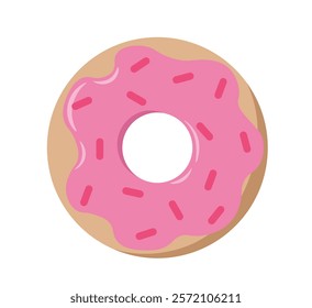 Top view at donut. Donut in pink glaze. Dessert and delicacy. Homemade pastry and bakery. Unhealthy but tasty eating. Sticker for social networks. Flat vector illustration