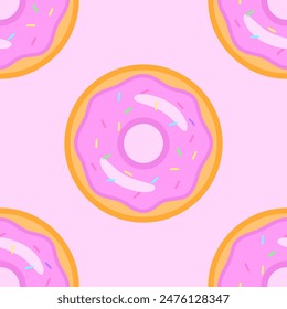 Top view donut seamless pattern, strawberry, pink, on pink background 