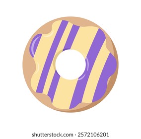 Top view at donut. Donut in yellow and blue chocolate glaze. Dessert and delicacy. Homemade pastry and bakery. Unhealthy eating. Sweet food. Poster or banner. Flat vector illustration