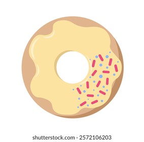 Top view at donut. Donut in yellow chocolate glaze with sprinkles. Dessert and delicacy. Homemade pastry and bakery. Unhealthy eating. Sweet food. Template and layout. Flat vector illustration