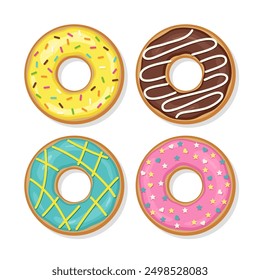 Draufsicht auf Donuts mit Glasur und glänzendem Eis. Legen Sie süße Donuts. Gebäck zum Geburtstag. Süßigkeitsdessert einzeln auf weißem Hintergrund. Flaches Cartoon-Design. Vektorgrafik.