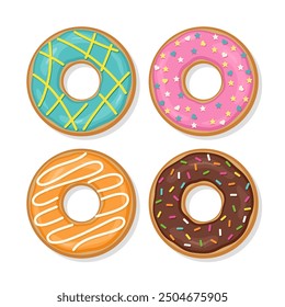 Top view of donuts set. Birthday pastry with glaze and glossy icing. Sweet doughnuts collection. Confectionery dessert isolated on white background. Flat cartoon design. Vector illustration.