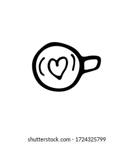 Top view of doodle coffee cup icon illustration in vector with heart. Hand drawn coffee cup illustration in vector on white background top view