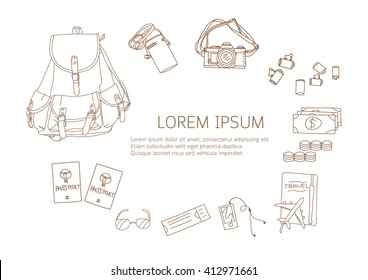 Top view doodle of trip stuff concept with copy space