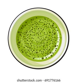 Top view drawing of matcha green tea drink in cup, sketch style vector illustration isolated on white background. Realistic hand drawing of matcha green tea in white cup