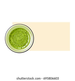 Top view drawing of matcha green tea drink in cup, sketch style vector illustration with space for text. Realistic hand drawing of matcha green tea in white cup