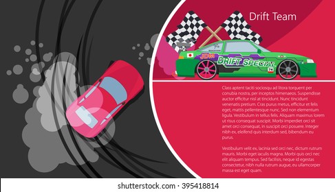Top view of a drifting car. Drift banner for web. Drift team. Vector illustration.