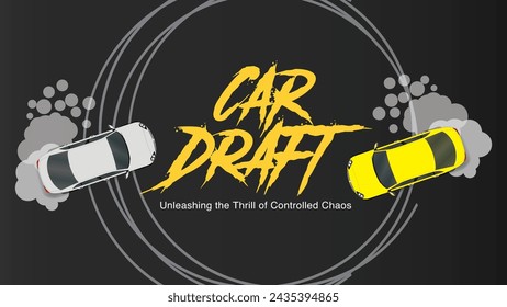 Top view of a drifting cars. Drift car tyre and tire circle road. Drift car circling a road on a drift race show circle track with grunge scratches. Vector illustration.