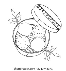 Top view dumplings in a bamboo box. Hand drawn vector illustration. Chinese dumplings. Hand drawn Asian food vector illustration.