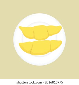 Top view of durian fruit on white dish. Fresh tropical fruit durian on plate. Vector and illustration design.