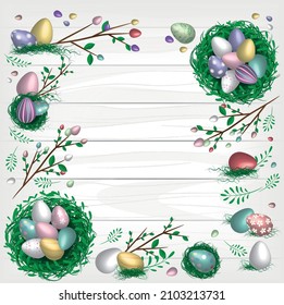Top view of an Easter border frame decorated with painted eggs, nests, flowers and foliage with room for branding in the middle
