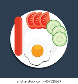 Top view eggs sausage tomato and cucambers on a white plate. Breakfast vector illustration.