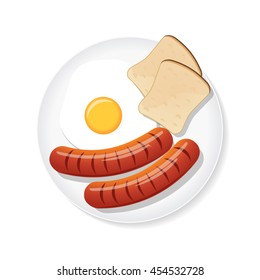 Top view eggs and two sausages bread on a white plate. Breakfast vector illustration