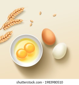 Top view of eggs and wheat. Illustration of raw materials suitable for bread or food advertisement