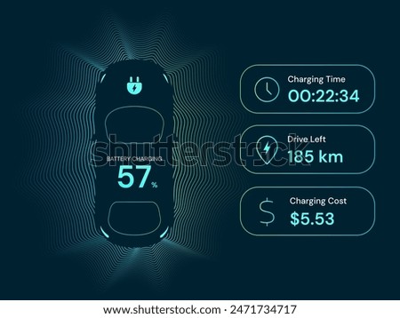 Top view electric car battery charging dashboard hologram interface with Charging Time, Drive Left, Charging Cost vector design concept. EV car battery charging dashboard for ui, web, EV business, ads