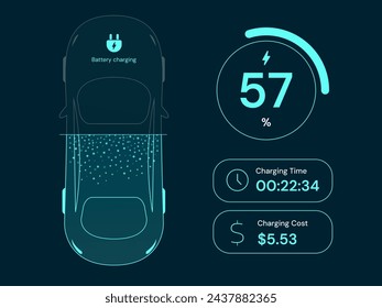 Vista superior del coche eléctrico que carga la interfaz del holograma del tablero de instrumentos de la batería con los símbolos de los iconos del estado que cargan el tiempo, el concepto del diseño del vector del coste de carga. Vector de interfaz de coche de EV para ui, web, negocios de EV, anuncios.