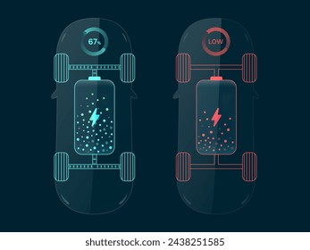 Top view electric car chassis show vehicle battery dashboard hologram interface with display charger status Battery charging, Low Battery vector design concept. EV Car interface for ui, web, business.