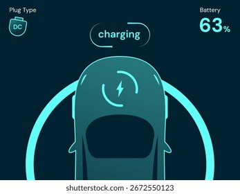 Interfaz del holograma del tablero de instrumentos del coche eléctrico de la vista superior con la carga del coche en concepto del diseño del Vector del movimiento de la barra de progreso del círculo. EV diseño de carga para coche, estación de EV, UI, energía limpia, infografía.