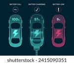 Top view electric car show dashboard status interface EV Charging Battery, EV Battery Fully, EV Battery Low vector design concept. Top view electric car charging battery with EV charger Station.