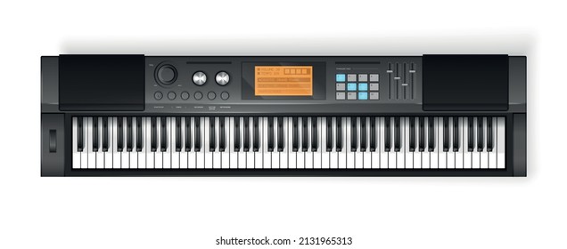 Top view of electric digital music synthesizer with piano keyboard isolated on white background vector illustration