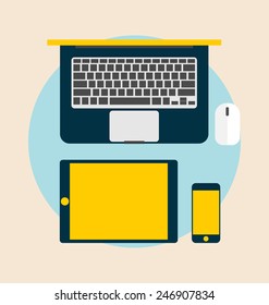 Draufsicht elektronischer Geräte: Laptop, Tablet- und Mobiltelefone. Vektorgrafik.