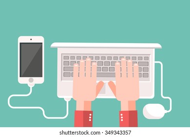 Top view element designer programmer hands work on laptop flat design background. Design concept. Hands with pencil. Top view laptop. Manager work on laptop
