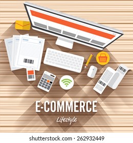 Top view element e-commerce flat design on wood background. Vector illustrate for article shopping online.