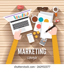 Top view element marketing flat design on wood background. Vector illustrate for article shopping online.