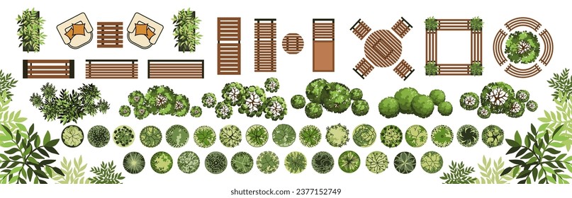 Top view elements for the landscape design plan. Trees and benches for architectural floor plans. Entourage design. Various trees, bushes, and shrubs. Vector illustration.