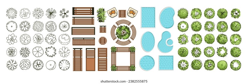 Top view elements for the landscape design plan. Trees and benches for architectural floor plans. Entourage design. Various trees, bushes, and shrubs. Vector illustration.