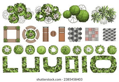 Top view elements for the landscape design plan. Trees and benches for architectural floor plans. Maze garden. Various trees, bushes, and shrubs. Vector illustration.