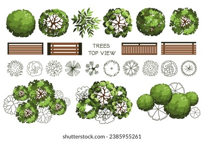 Top view elements for the landscape design plan. Trees and benches for architectural floor plans. Maze garden. Various trees, bushes, and shrubs. Vector illustration.