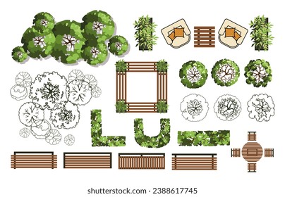 Elementos de vista superior para el plan de diseño de paisaje. Árboles y bancos para los planos arquitectónicos. Jardín de mazorca. Varios árboles, arbustos y arbustos. Ilustración vectorial.